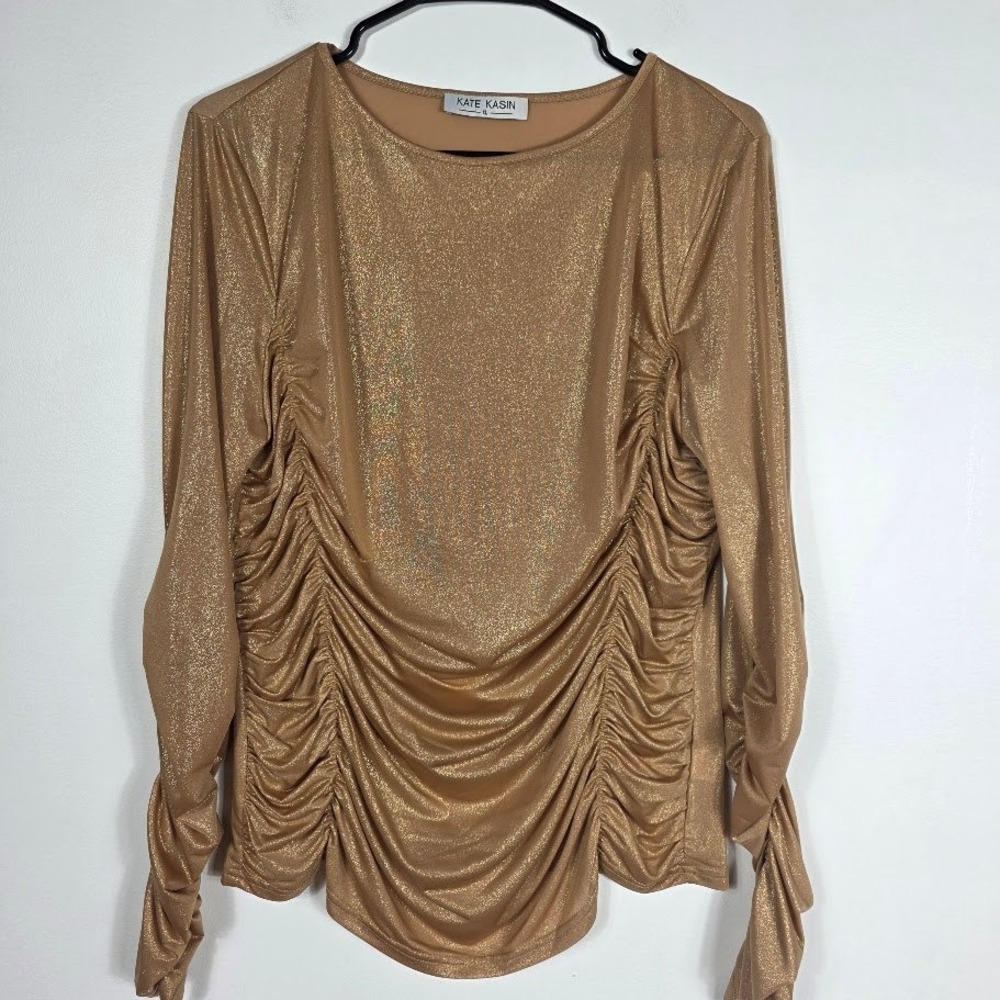 Kate Kasin‎ Metallic Ruched Long Sleeve Top Gold XL Sparkle Glam Evening Wear